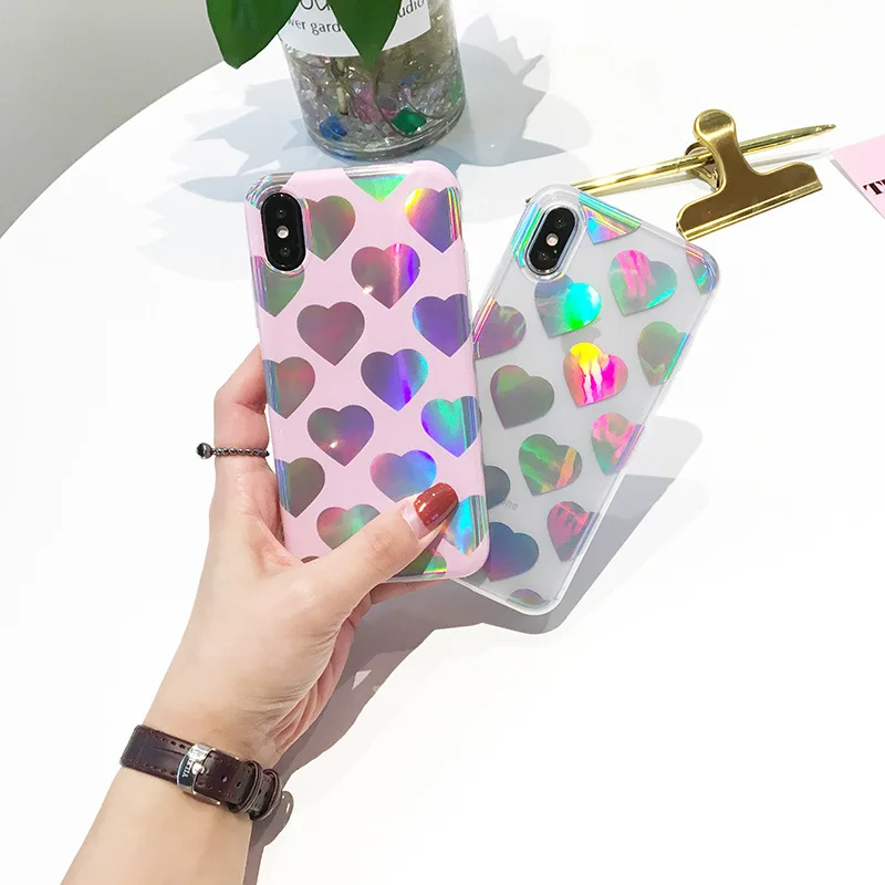 Korea Love Heart Pattern Laser Phone Cases Cover For Iphone 6 6S 7 8 Plus XS Max XR X TPU Silicone Ultra-thin Simple Back |