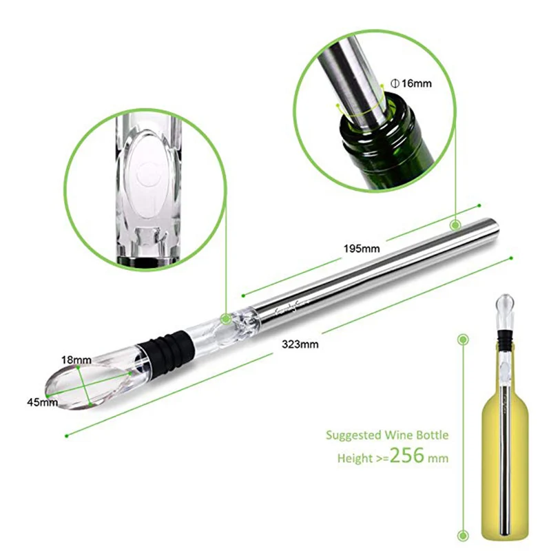 Wine Chiller Stainless Steel Wine Bottle Cooler Stick Freezer with Aerator and Pourer Decanter for Beer Whiskey Cocktails Grape
