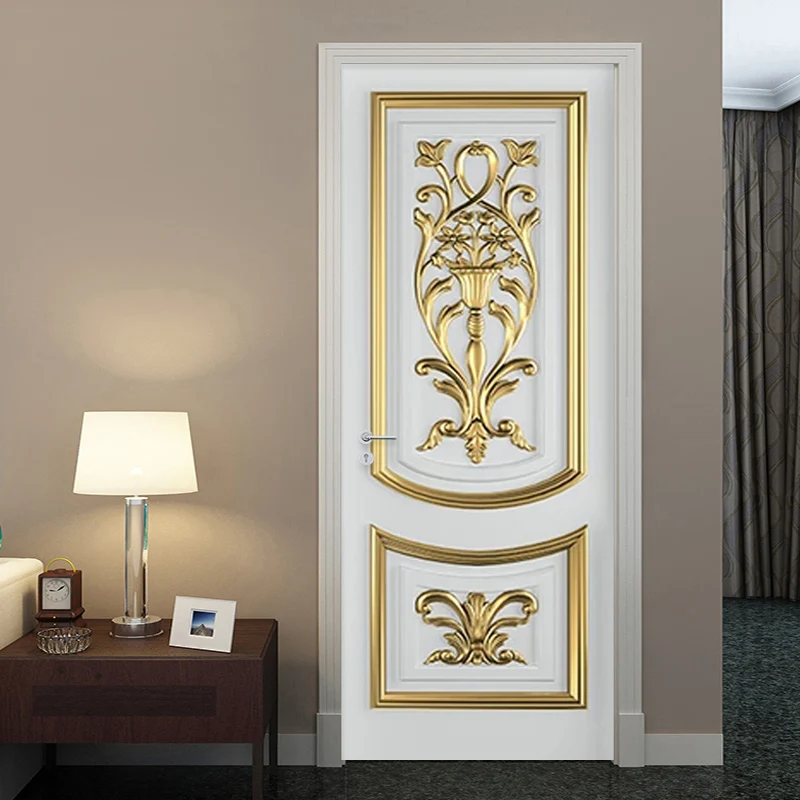 PVC Self-Adhesive Waterproof Door Sticker 3D Stereo White European Style Golden Carved Wallpaper Living Room Bedroom Door Decal