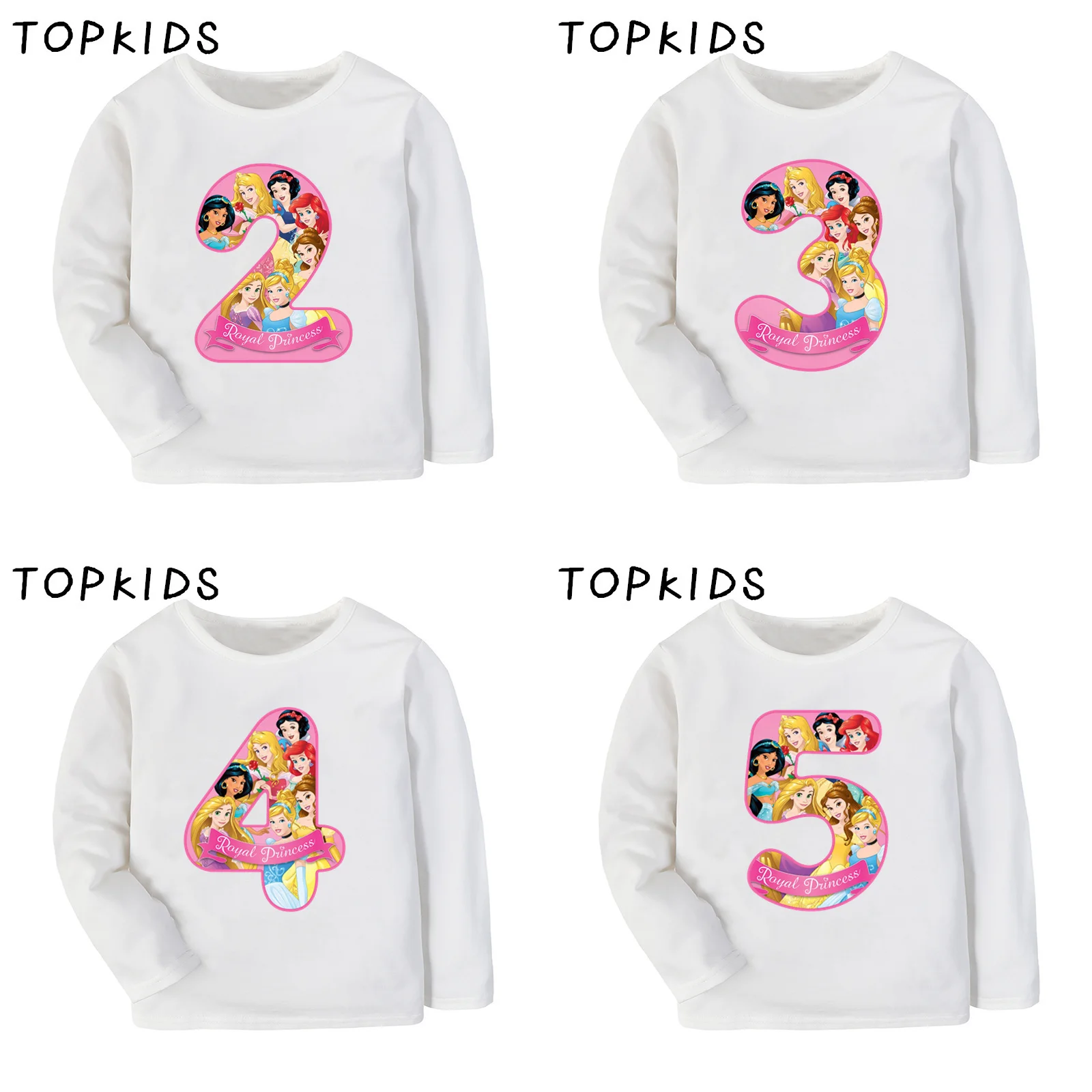 

2019 Girls Happy Birthday Number 1~9 Princess Print T shirt Kids Long Sleeve T-shirt Children Clothes Baby Present,LKP2444