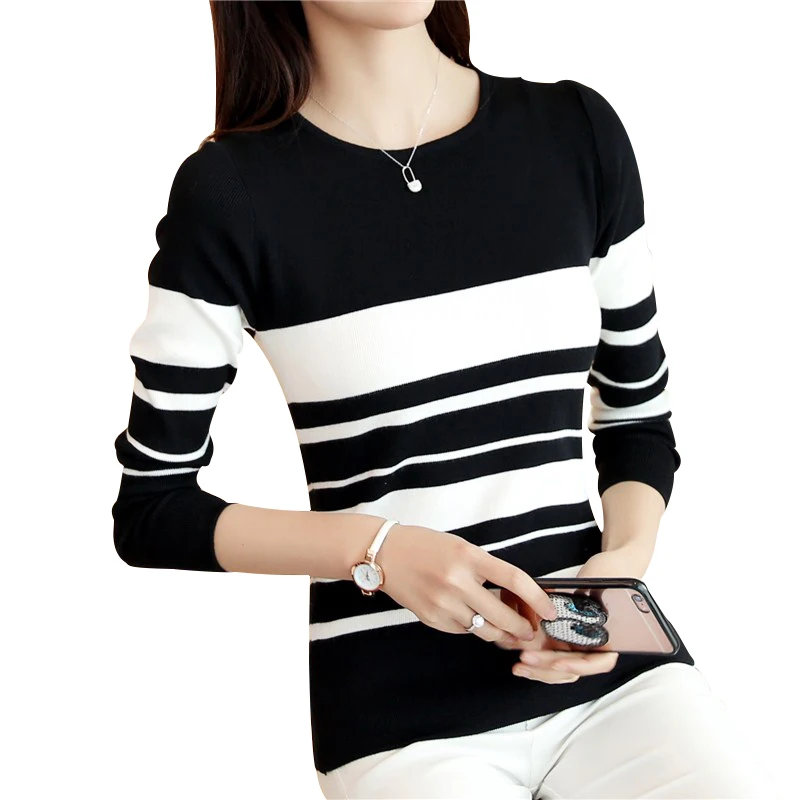 

Korean Spring Autumn Women Sweaters and Pullovers O Neck Long Sleeve Striped Knitwear Slim Sueter Mujer Pull Femme