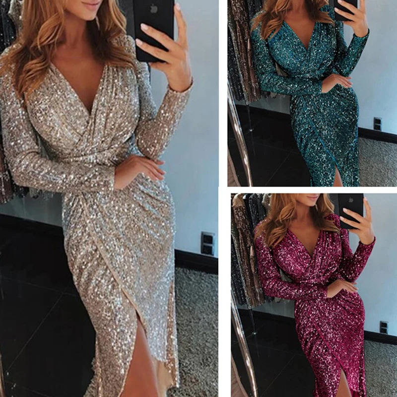 Elegant Women Split Sheath Dresses Long Sleeve Deep V-Neck Shiny Sequins Party Dress Bodycon Clubwear Dresses Vestidos