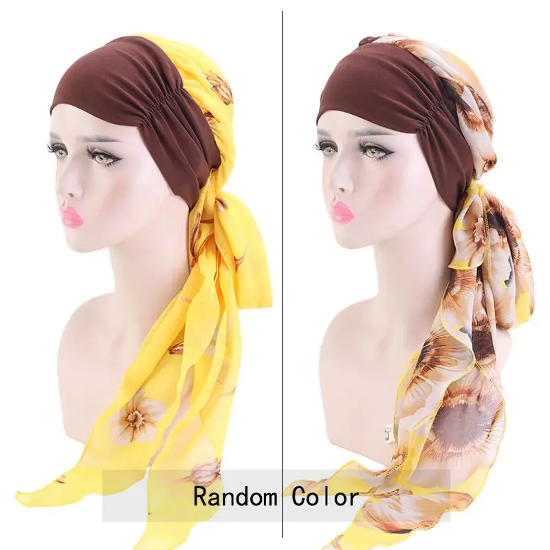 Elegant Women Long Headwear Print Turban Fashion Chemo Cap Pre-Tied Bandana Headscarf