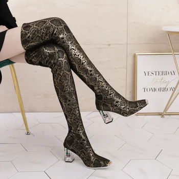 

OLOMLB Womens Metal Toe Over The Knee Thigh High Boots Block Crystal Diamond Colorful Heel Shoes Snake Pattern Long Plus Size