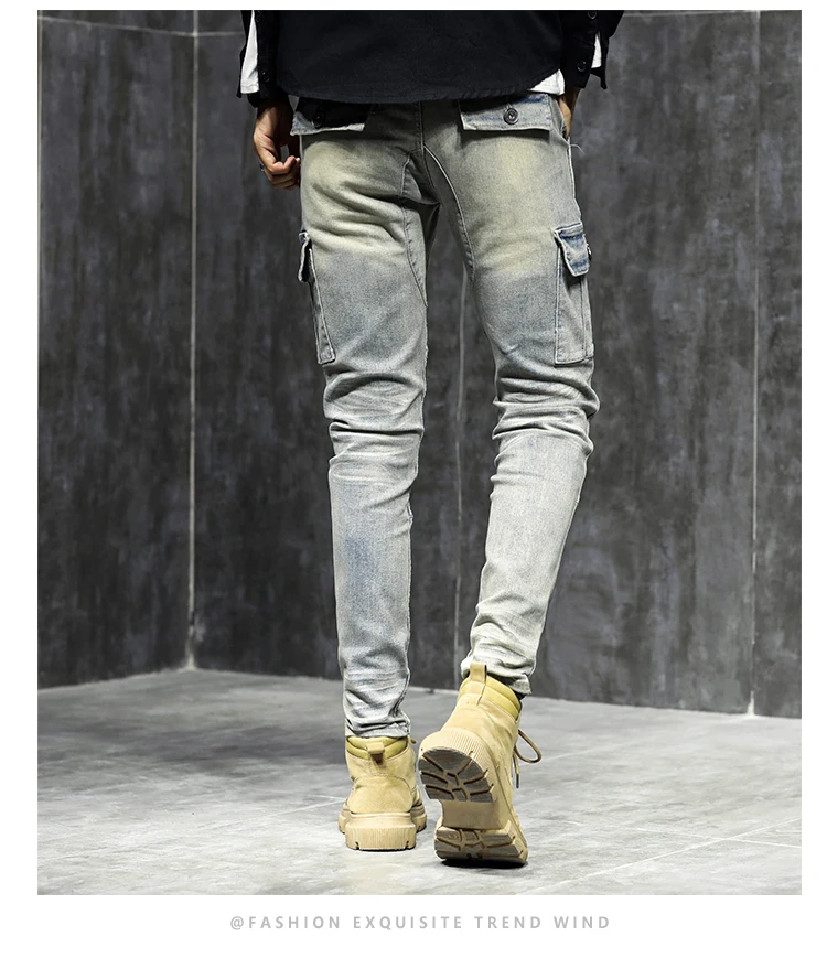 New Skinny Biker Jeans Men Multi pocket 