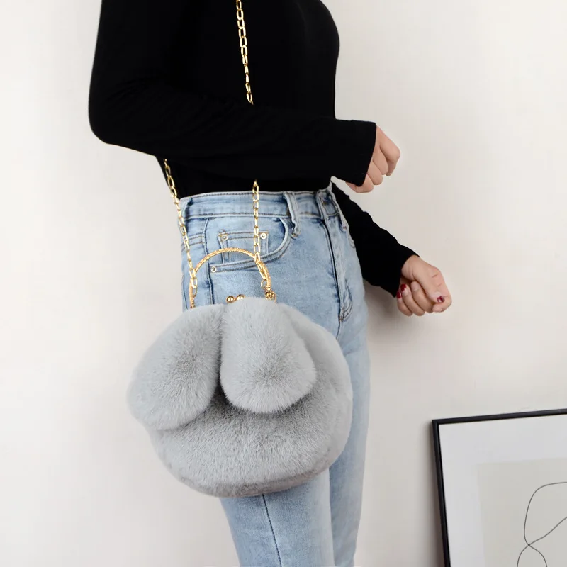 Cute Fashion Imitation Rabbit Plush Bunny Ear Metal Clip Bags Handbags Woman Street Wild Chain Shoulder Messenger | Спорт и