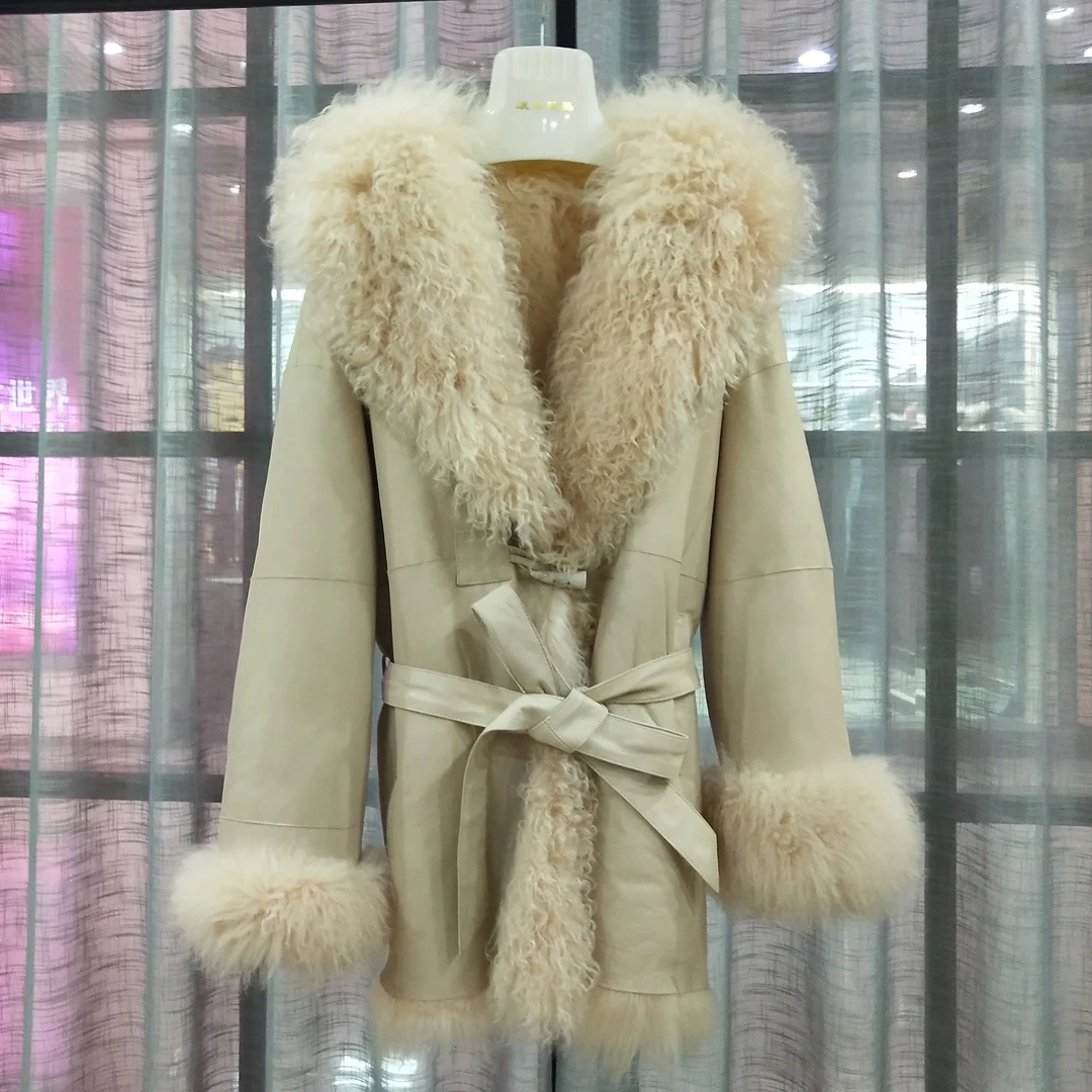 Модная Роскошная монгольская шуба из овечьей шерсти, зимняя женская одежда с двойным мехом, негабаритная шерстяная теплая парка с меховым воротником