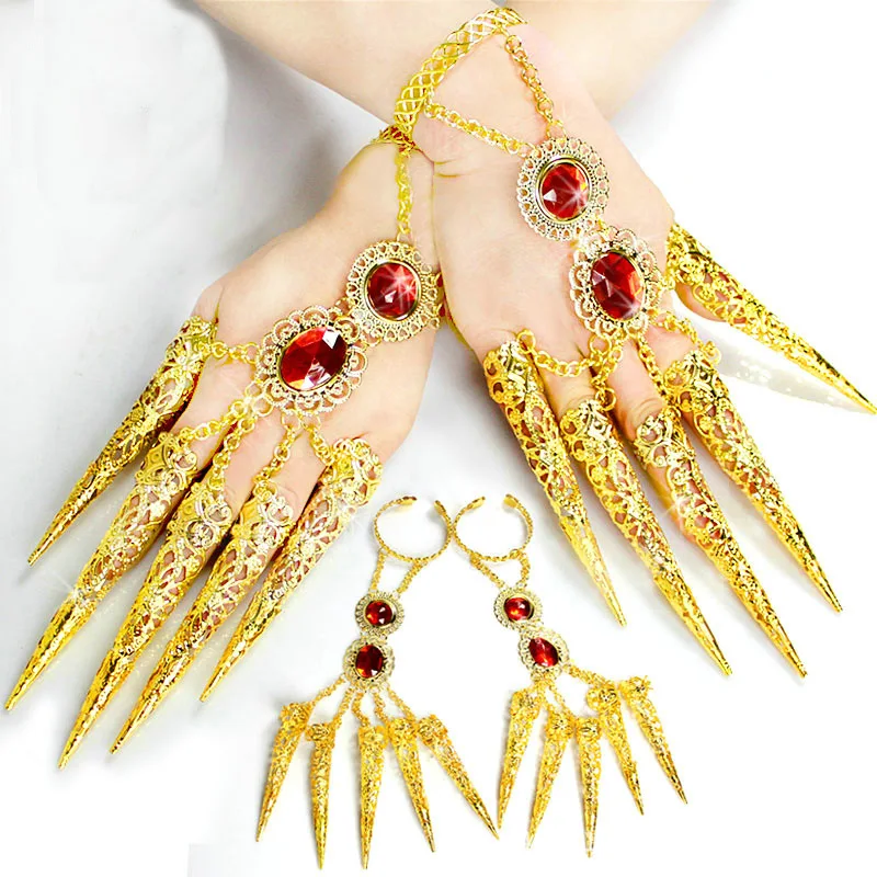 

Unique Authentic Dancer Gold Bracelet with Long Finger Nails Costume Accessories for Belly Dance Thai Dance Carnival Halloween