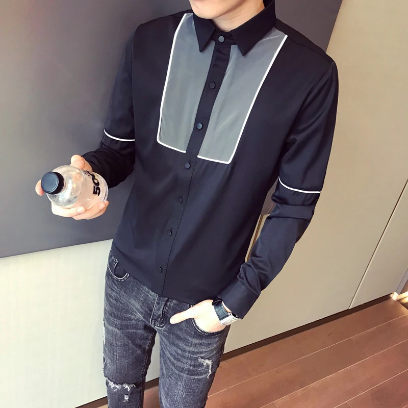 Camisa masculina manga longa Мода Лоскутные цветные мужские повседневные рубашки приталенная уличная одежда костюм воротник Выпускной смокинг 3xl-m