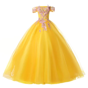 

New Quinceanera Dresses Gold Off The Shoulder Flower Ball Gown Party Prom Quinceanera Gown Vestidos De Quincea Era 2020