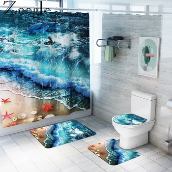 

Bathroom Curtain Waterproof Shower Curtain Anti-slip Bathroom Carpet Toilet Cover Mat Foot Mat Beach Printed 3pcs Bath Mat Set
