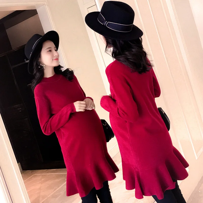 

Ruffle Knitted Dresses Maternity Autumn Winter Casual Slim Bottoming Dresses Pregnancy Sweater For Pregnant Women Mother Wear