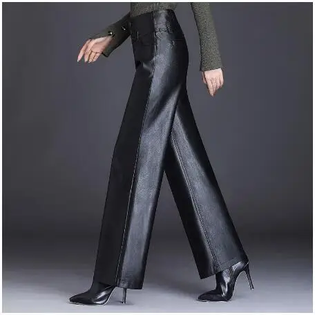 Женские брюки из искусственной кожи с пуговицами на весну и осень с высокой талией, свободные широкие брюки из искусственной кожи, женские деловые брюки черного цвета 4XL