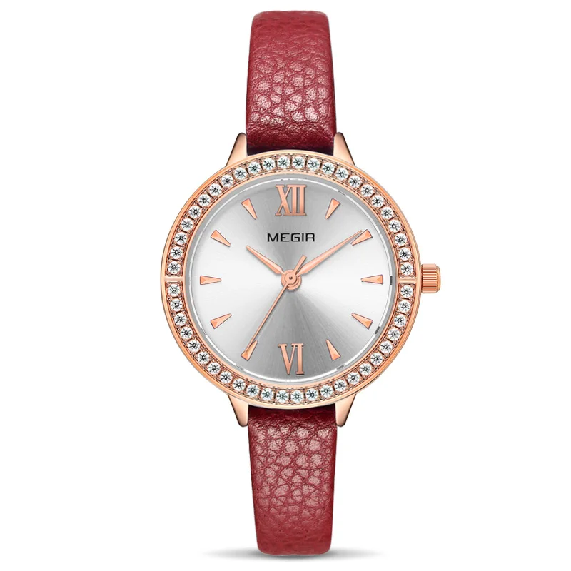 MEGIR женские часы Reloj Mujer Green Face кожаный ремень роскошь женские часы с бриллиантамы женские Relogio Feminino женские часы - Цвет: Красный