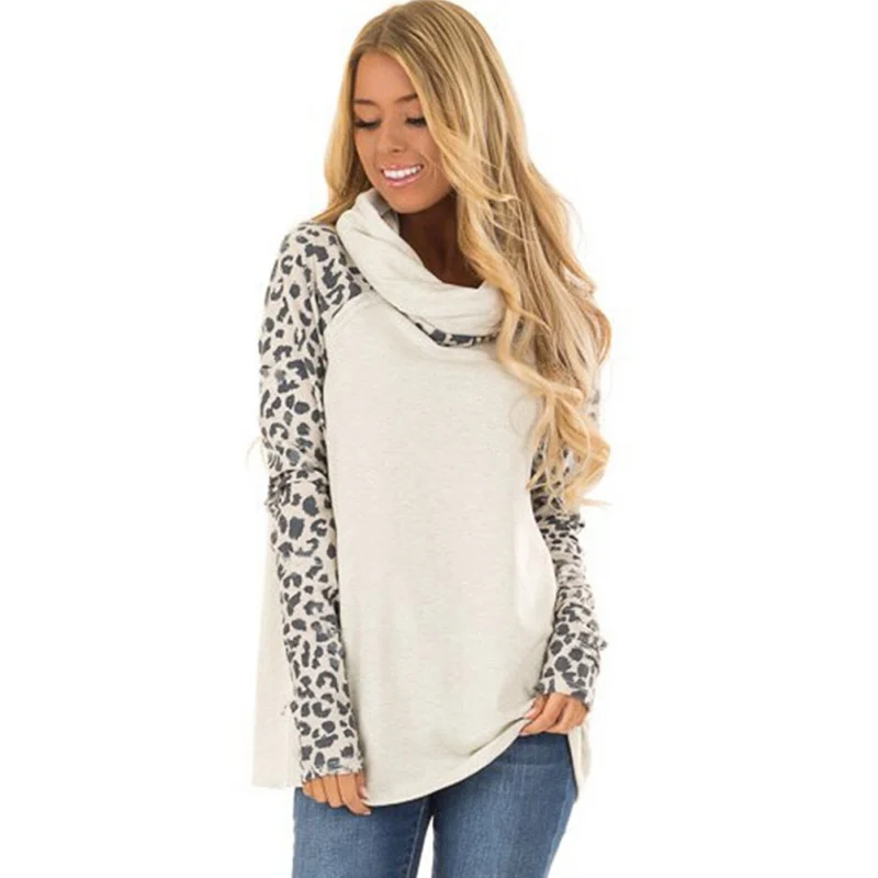 

Women Scarf Collar Sweatshirt Fashion Leopard Stitching Casual Long Sleeve Pullovers Tops Sudadera Mujer Autumn Sweatshirts