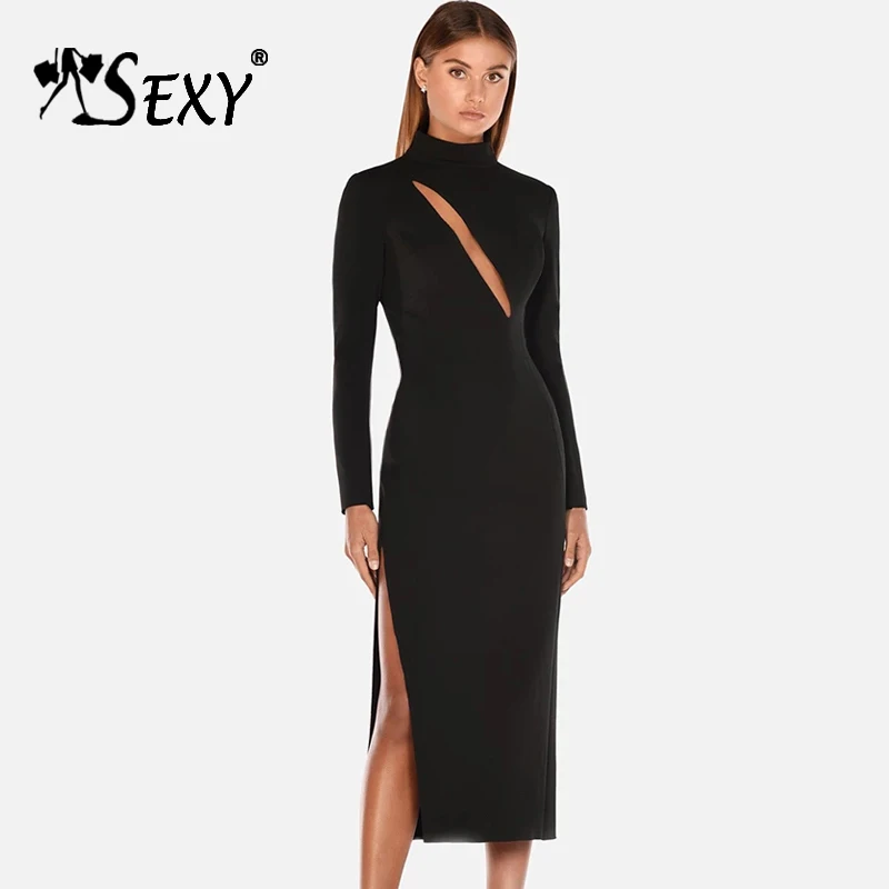 Gosexy Новое Сексуальное Женское весеннее модное платье Vestidos с высоким воротом, открытое Бандажное платье с длинным рукавом Вечерние Клубные платья до середины икры
