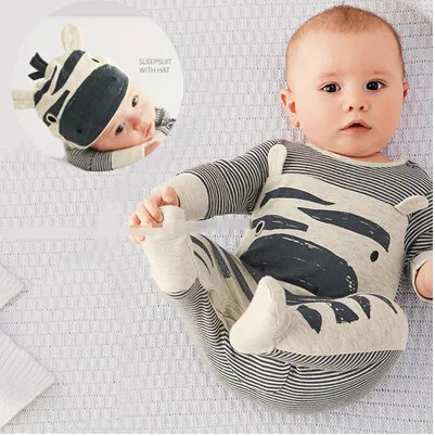 Cute Newborn Baby Boy Clothes Cartoon Zebra Style Cotton Long sleeve Romper+Hat Infant Toddler 2pcs Suit Girls | Детская одежда и