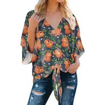 

V Neck Wholesale custom Cartoons Print pattern Deep V-neck Flared Sleeves Sexy fashion Casual Looses Chiffon Women Shirts