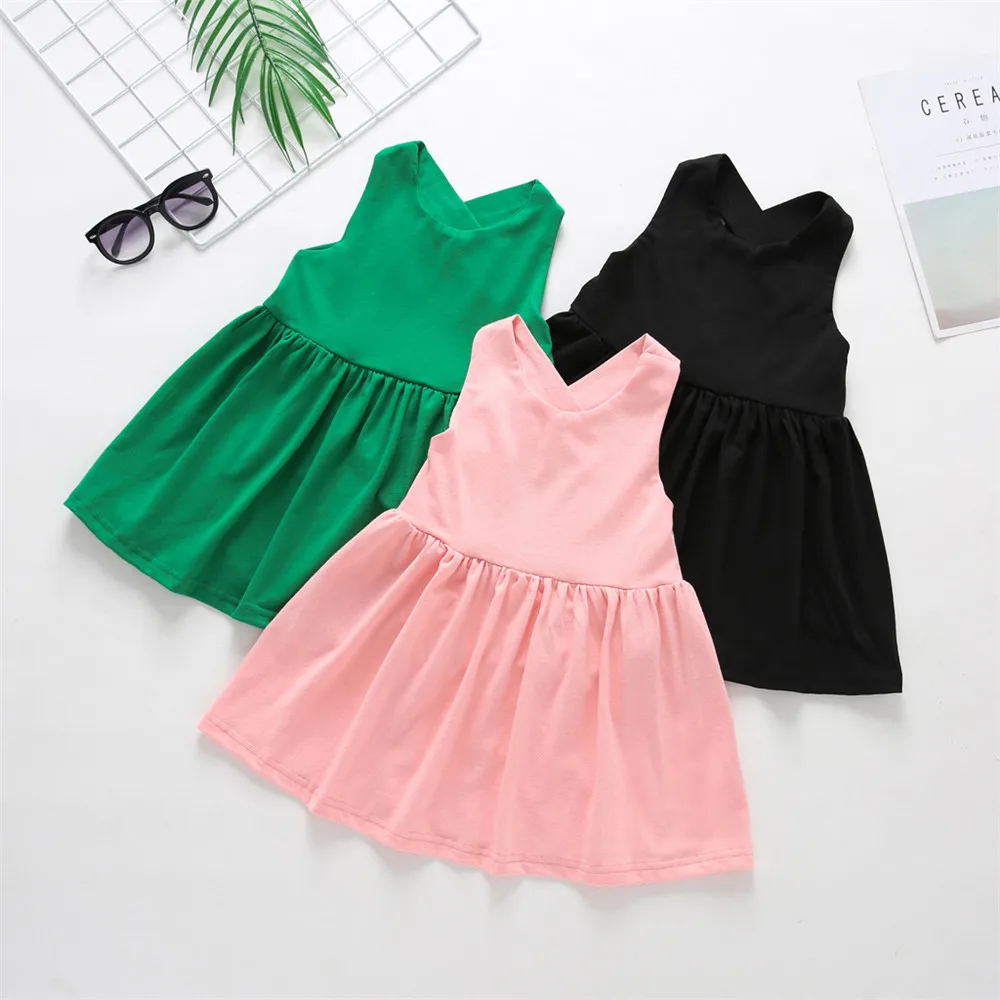 Платье без рукавов для маленьких девочек однотонное летнее платье с открытой