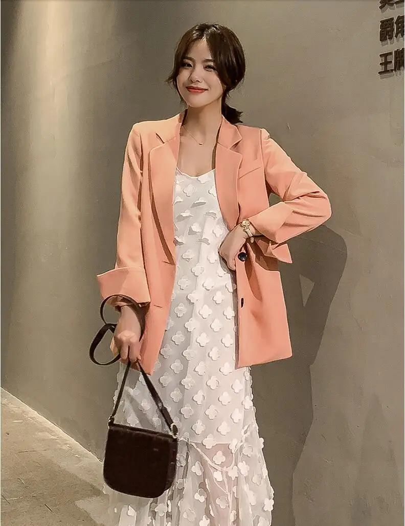 light pink Женский маленький костюм тренд Мода весна осень длинный рукав тонкий костюм Женский Повседневный однобортный Топ TB3311 - Цвет: light pink