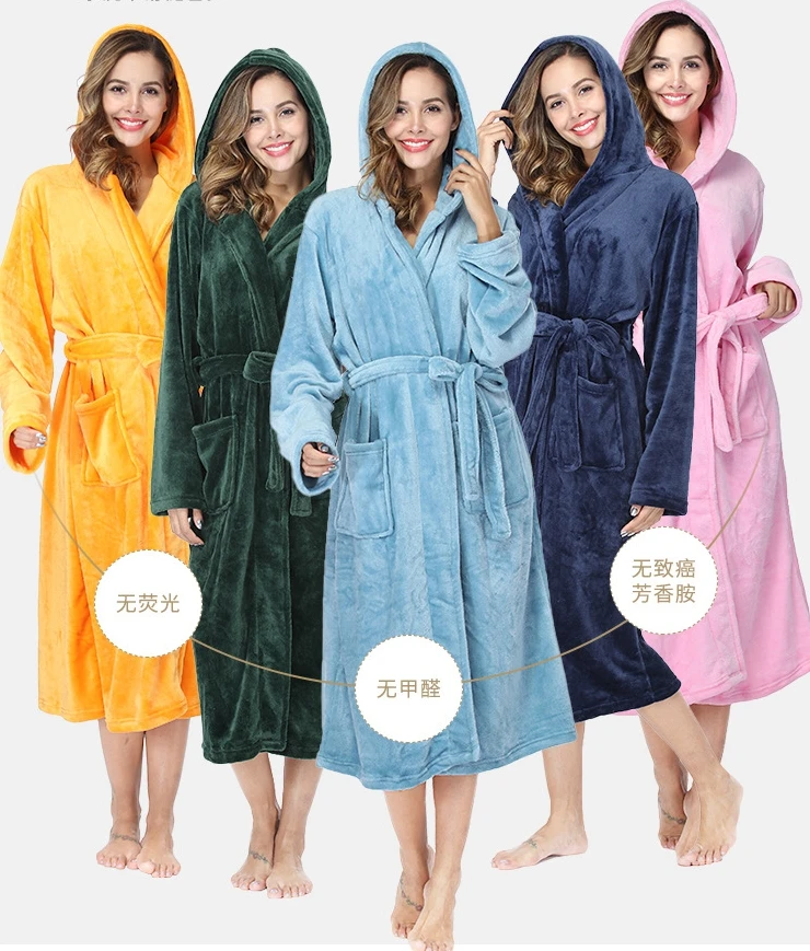 Women Winter Warm Flannel Robe Nightwear Thick Kimono Bathrobe Adults Animal Sleepwear Home Clothes Coral Fleece Dressing Gown