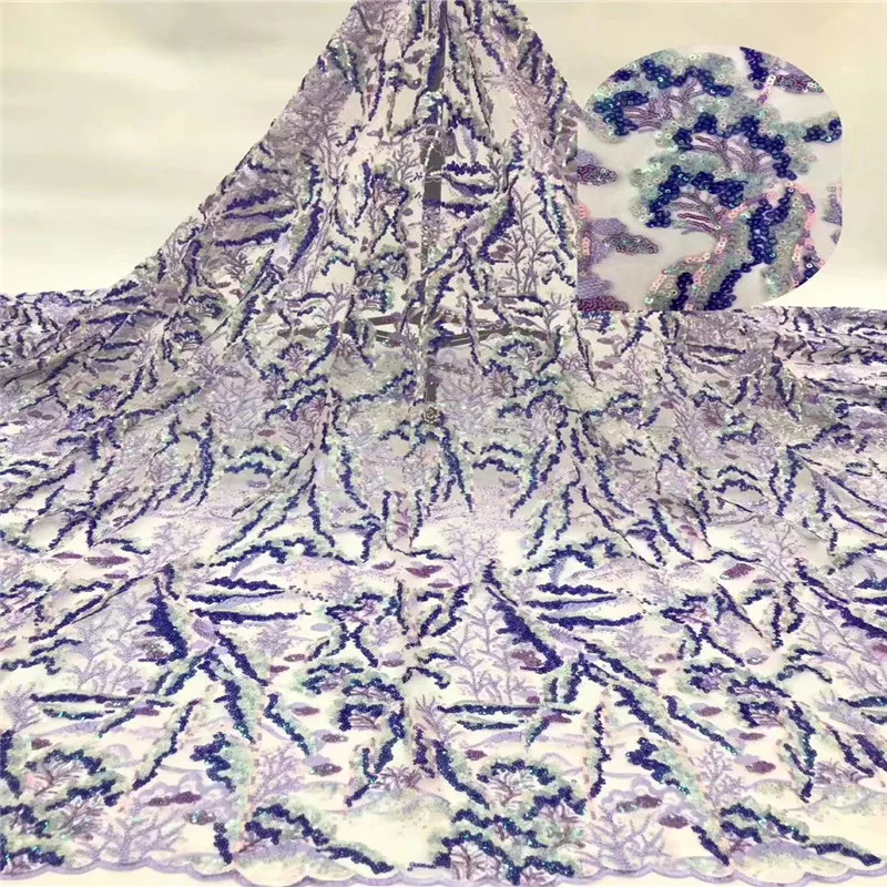 

African Lace Fabric 2019 High Quality Lace Sequins Fabric French Nigerian Beads Lace Fabric 3d Embroidery Wedding Lace