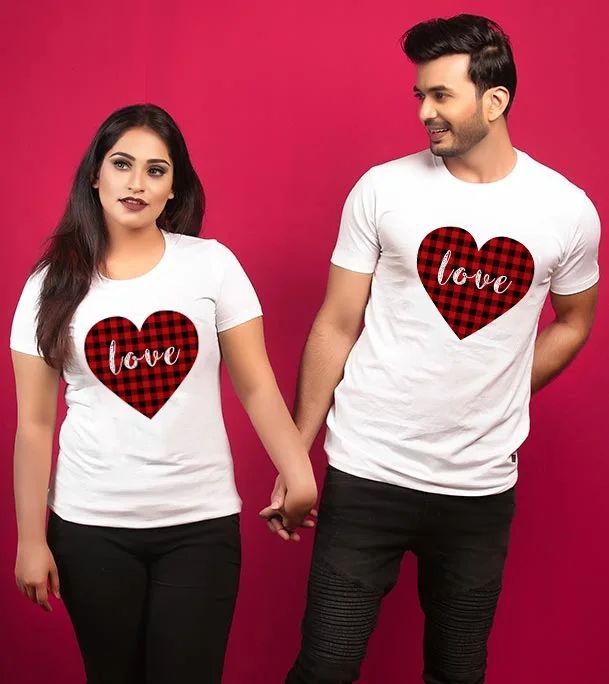 

Buffalo Plaid Love Valentine Day Couple T Shirt Couples Love T-Shirts Short Sleeve TShirts Tops Lover Tee Valentine's Day Gift