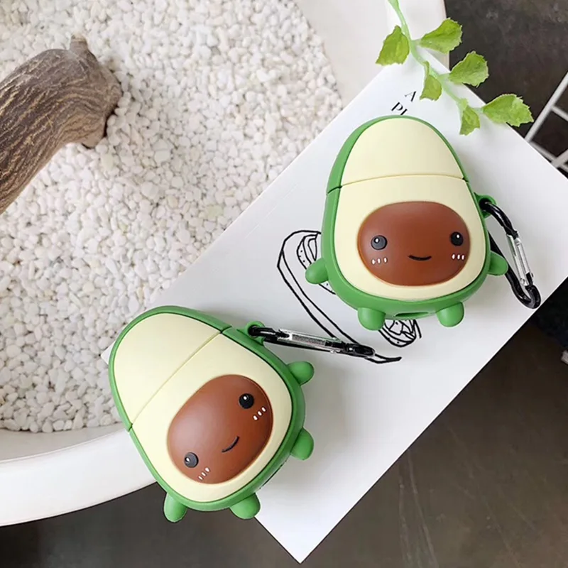 Avocado Headphone Case For Apple Airpods 1 2 Cute 3D Cartoon Avocado 3D Wireless Bluetooth Headset Silicone Cover with Hook