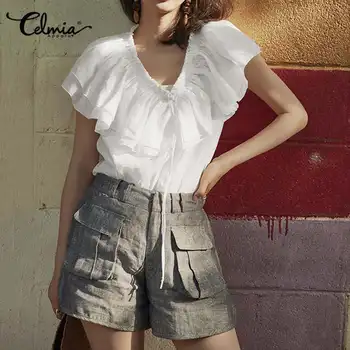 

Celmia Sexy V neck Tunic Blouse Women Elegant Ruffles Cotton Shirts Fashion Ladies White Blusas Casual Sleeveless Tops 5XL 4XL