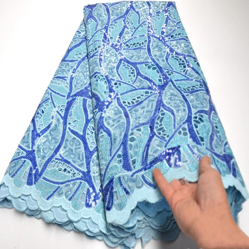 Высококачественная африканская органза синяя и белая кружевная ткань с