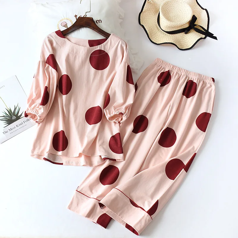 

Ladies' Cotton Pajamas Summer Sets For Women Calf-Length Pants Suit Sleepwear Two Piece Set Home Wear Femme Underwear Pijamas