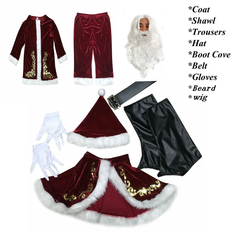 Мода, 9 шт., женский и мужской однотонный костюм Санта-Клауса для взрослых, роскошный бархатный Рождественский костюм, нарядное платье, полный комплект