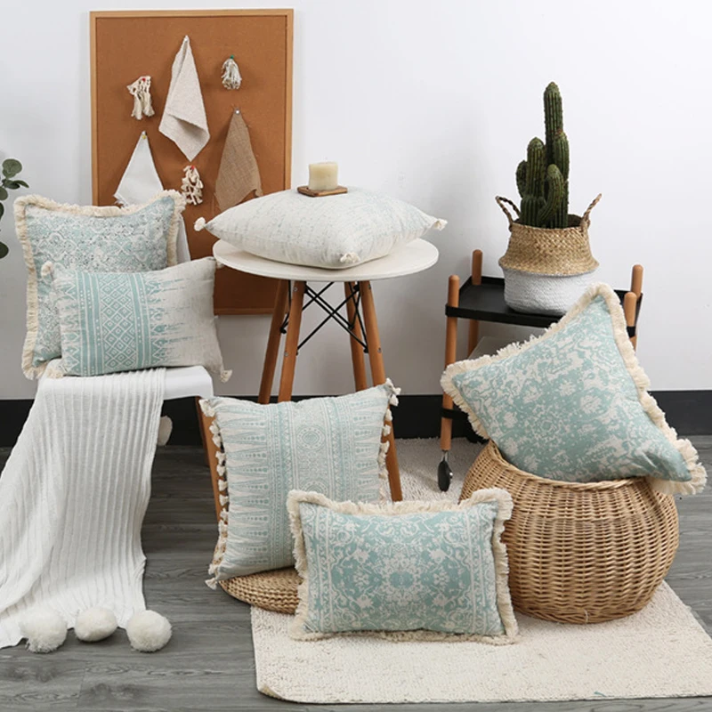 45x45cm 30x45cm Green Retro Pillowcase Cotton Linen with Tassel Home Decoration Bohemian Cushion Cover | Дом и сад