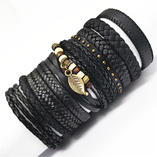Brown Bracelets 10pcs/set Wrap Woven Fashion Handmade Men Bracelets Women Leather Bracelet Men Bangle Wholesale Jewelry Gift