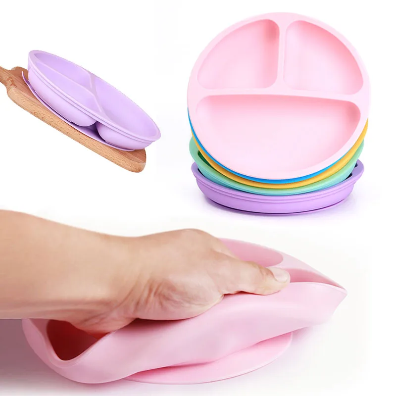 Plato de silicona con ventosa y separación para niños y bebés, juego de vajilla para bebé, con cara de sonrisa, tazón adherente con separación para alimentos