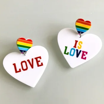 

Fashion Rainbow Color White Peach Heart Acrylic Drop Earrings Simple Design English Letters Dangle Earrings Women Brincos 2019