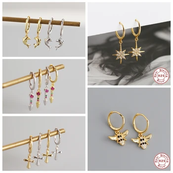 

CANNER 925 Sterling Silver Cute Bee Dolphin Pendant Hoop Earrings for Valentine's Day Anniversary Circle Pendientes Fine Jewelry