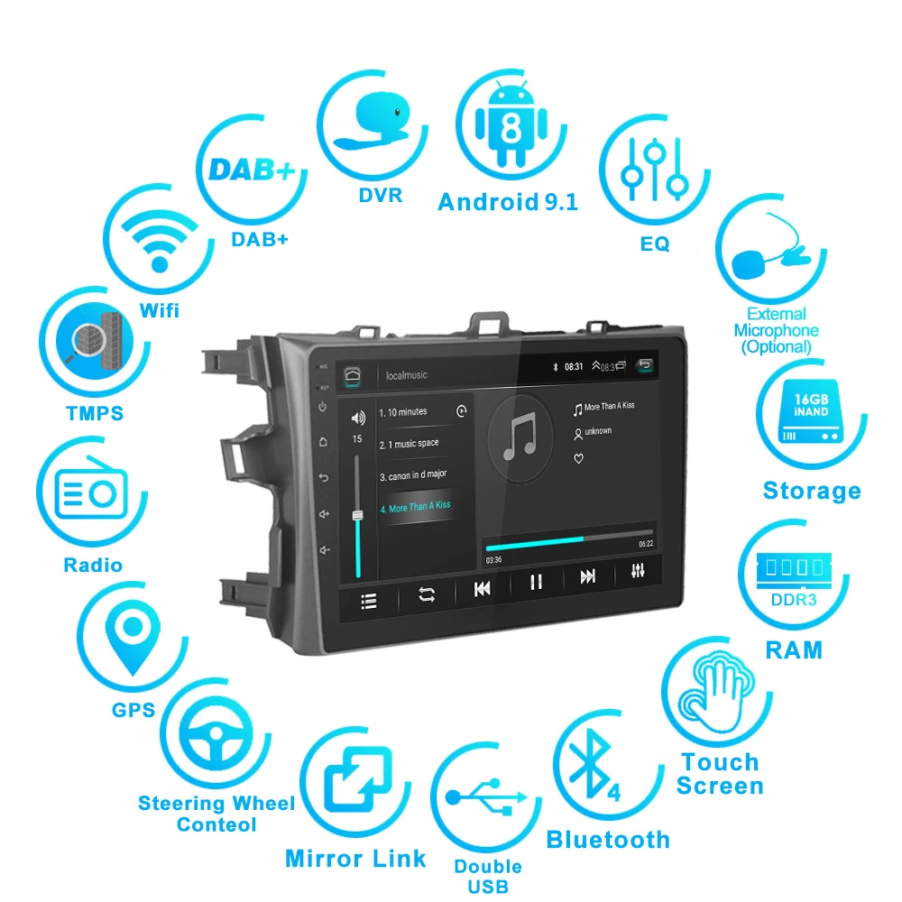 9 дюймов 2+ 16 GB/32G Android 9,1 Автомобильный мультимедийный авто радио gps для Защитные чехлы для сидений, сшитые специально для Toyota Corolla E140 E150 2008 2009 2010 2011 Авто USB