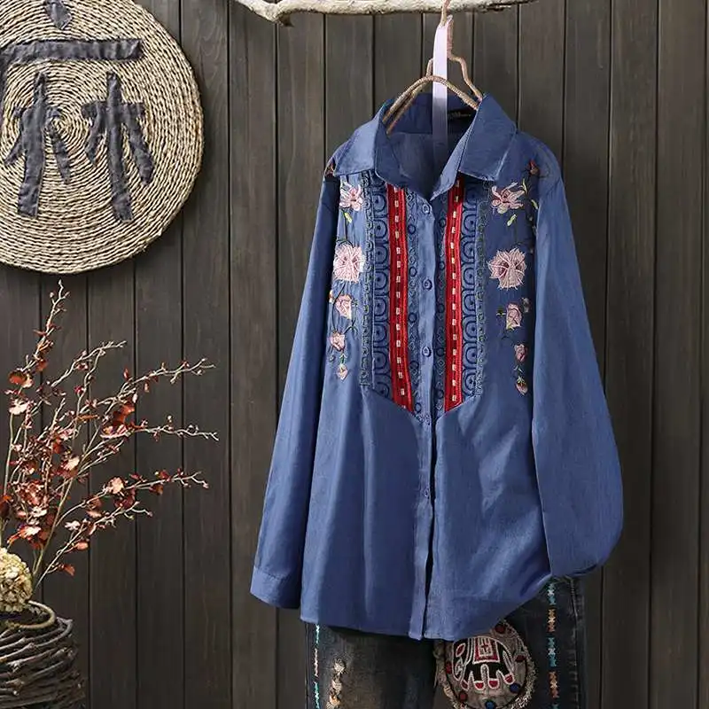 Light Blue Винтажная блузка с вышивкой ZANZEA, женская джинсовая синяя рубашка, Повседневная Осенняя рубашка с отворотом, топы с длинными рукавами, пуговицы, Blusas Mujer Chemise - Цвет: Light Blue