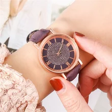 

2021 Women's Fashion Round Watches Simple Rhinestone Roman Scale Leather Strap Quartz Ladies Watch