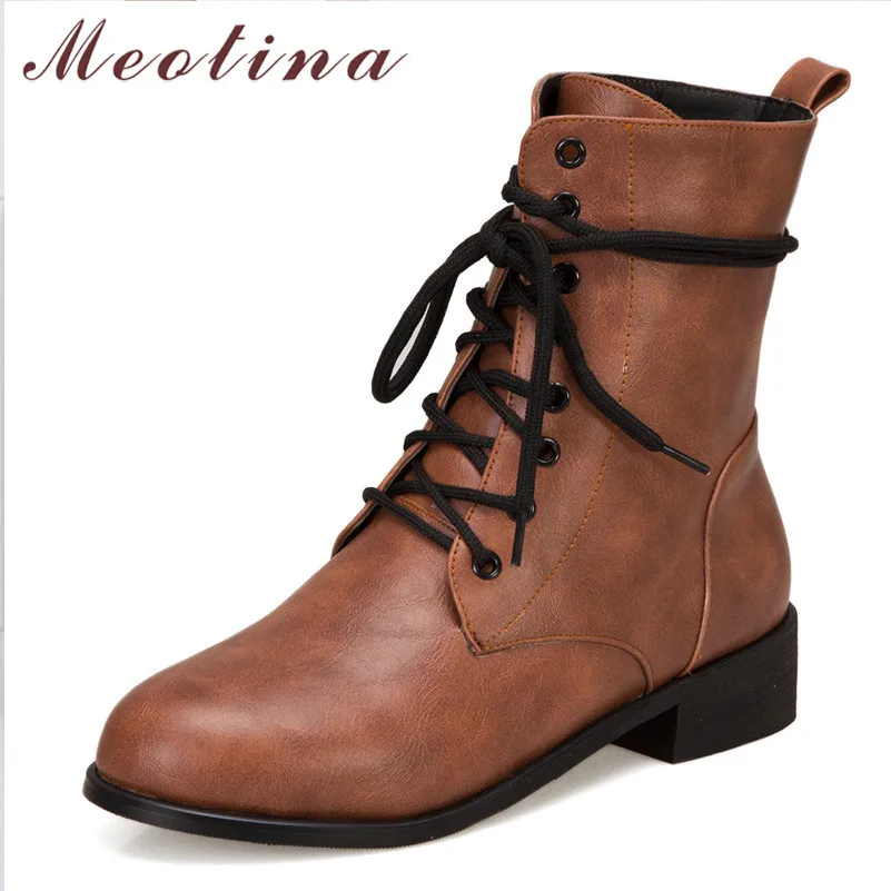 

Meotina Winter Motorcycle Boots Women Lace Up Thick Heels Ankle Boots PU Leather Round Toe Shoes Female Autumn Large Size 34-46