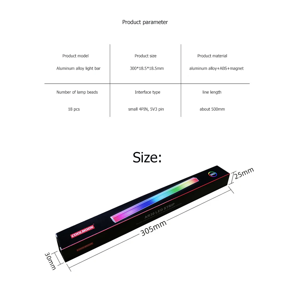 Coolmoon-RGB LED 스트립, 5V 3 핀 ARGB, 컴퓨터 케이스 라이트 바, 알루미늄 합금, 마그네틱 소형 4 핀 라이트 스트립, PC 케이스용