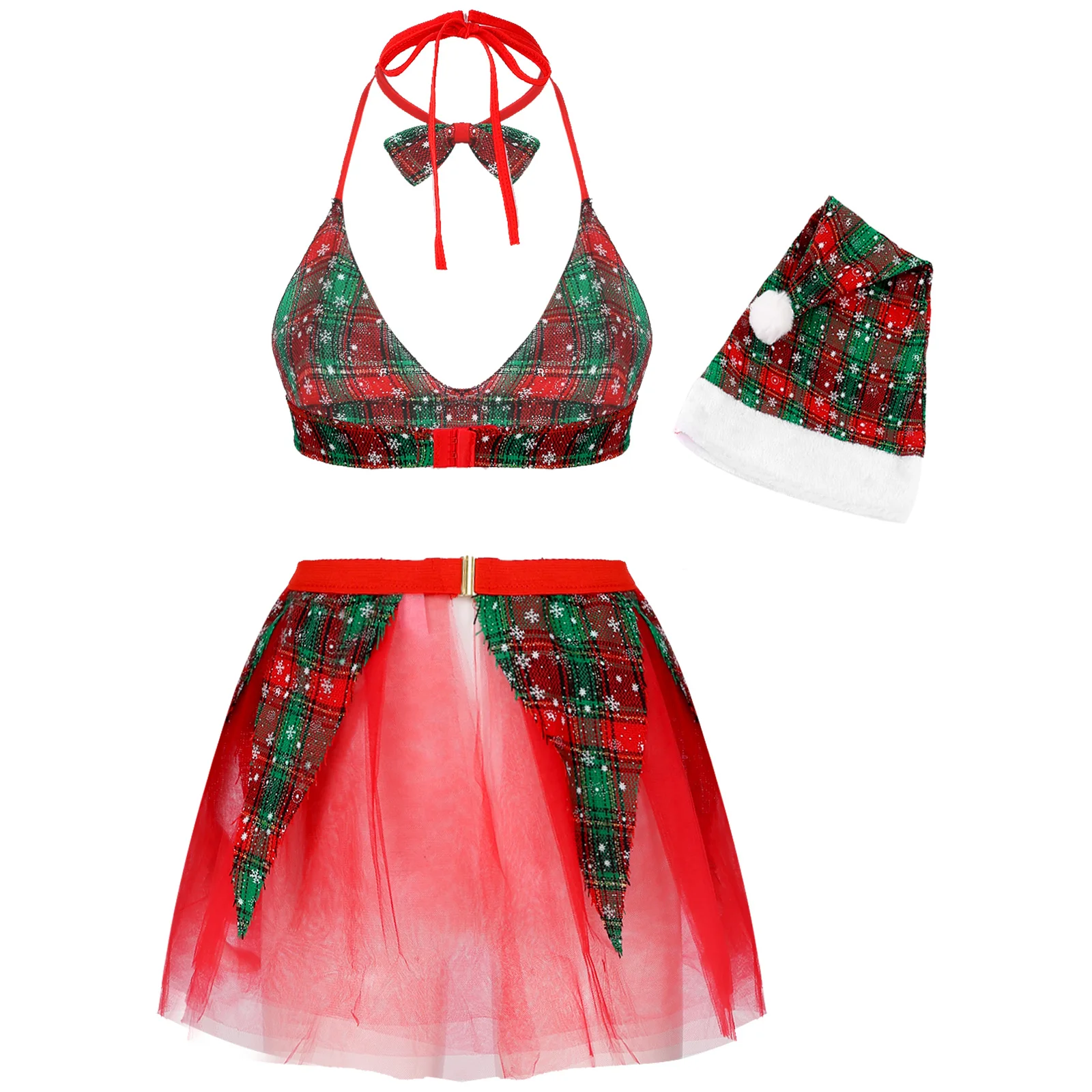 Women Christmas Dress Up Lingerie Set  Halter Neck Spaghetti Strap Bra Top With Mini Red Mesh Skirt  Sexy Claus Santa Sleepwear