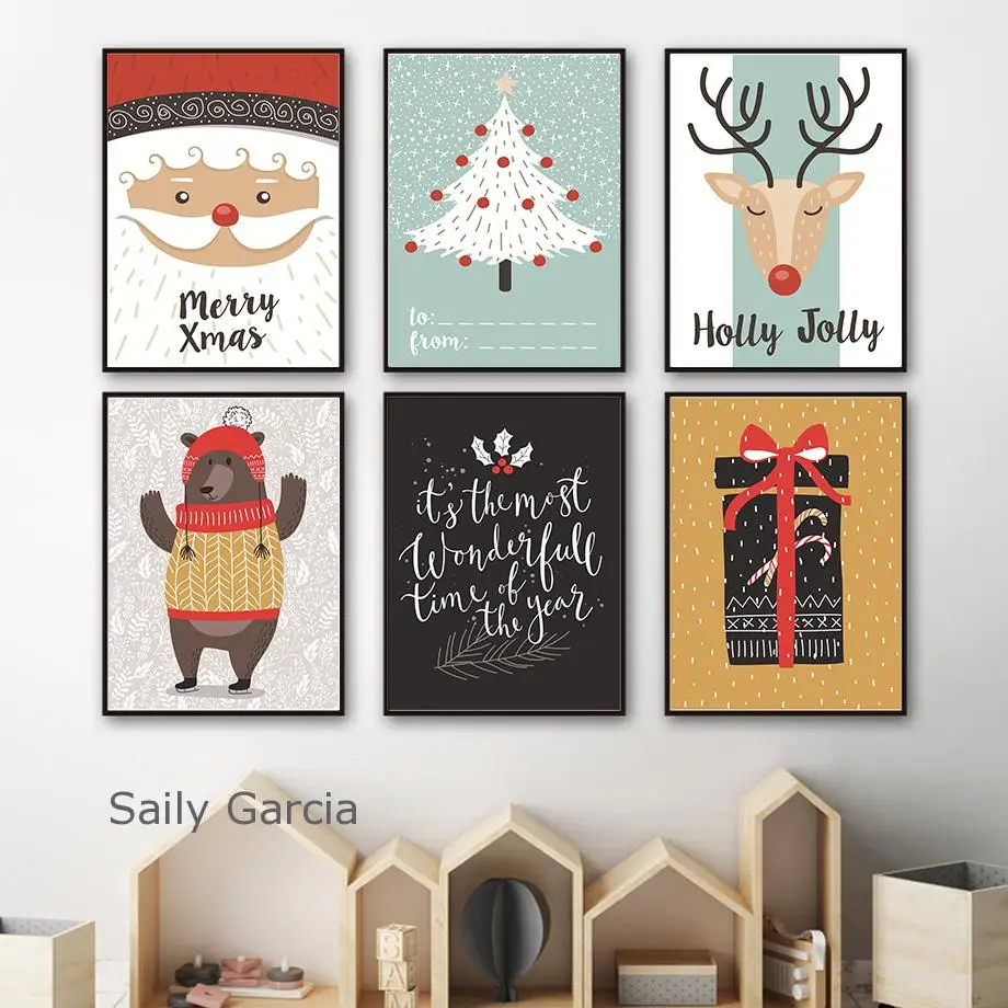 

Cute Lovely Cartoon Canvas Painting Christmas Tree Santa Elk Gift Poster for Living Room Children's Room Holiday Decoration