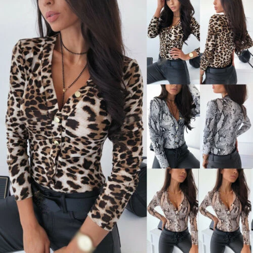 Women Long Sleeve Bodysuit Ladies Button Bodycon Leotard Romper Top Vintage Animal Print Overalls Fashion Clothes One Piece