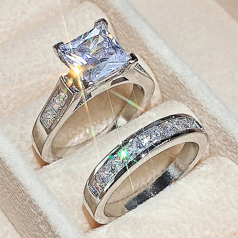 Ring Set Wedding Rings Wedding Ring Jewelry Accessories Fashion Wedding Ring Set for Women Dazzling Square Zirconia Luxury Lady Accessories Set