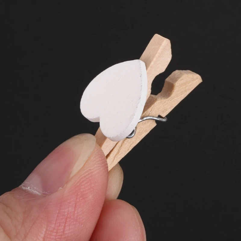 Party Photo Paper Heart Shape Crafts Mini Wooden Clip Peg 100 pcs White