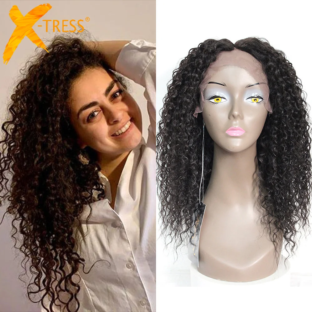 

Kinky Curly Synthetic Mixed 30% Human Hair Lace Front Wigs For Black Women Middle Part Natural Color Long Wavy Lace Wig X-TRESS
