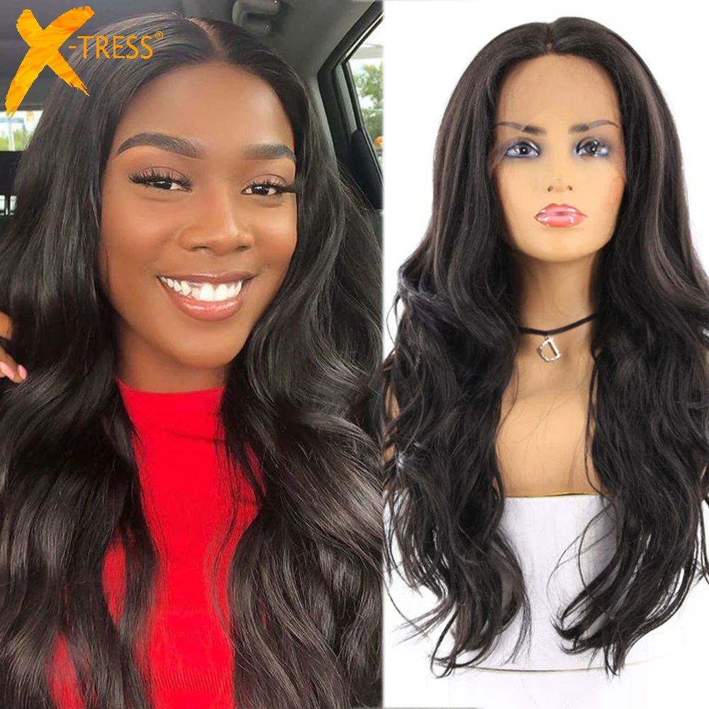 Wigs Lace Natural-Hairline Body-Wave Synthetic X-TRESS Hair-Wig Black Colored Women 13X4