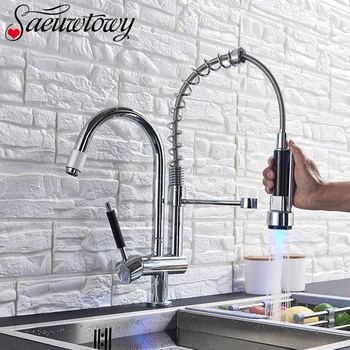 

Deck Mounted Chrome Single Handle Kitchen Spring Faucet Mixer with LED Light 360 ° Rotating Shower Spout Water Brass Material